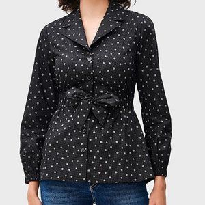 Tie Waist Polka Dot Cotton Peplum Shirt / Black printed 5X size 32
